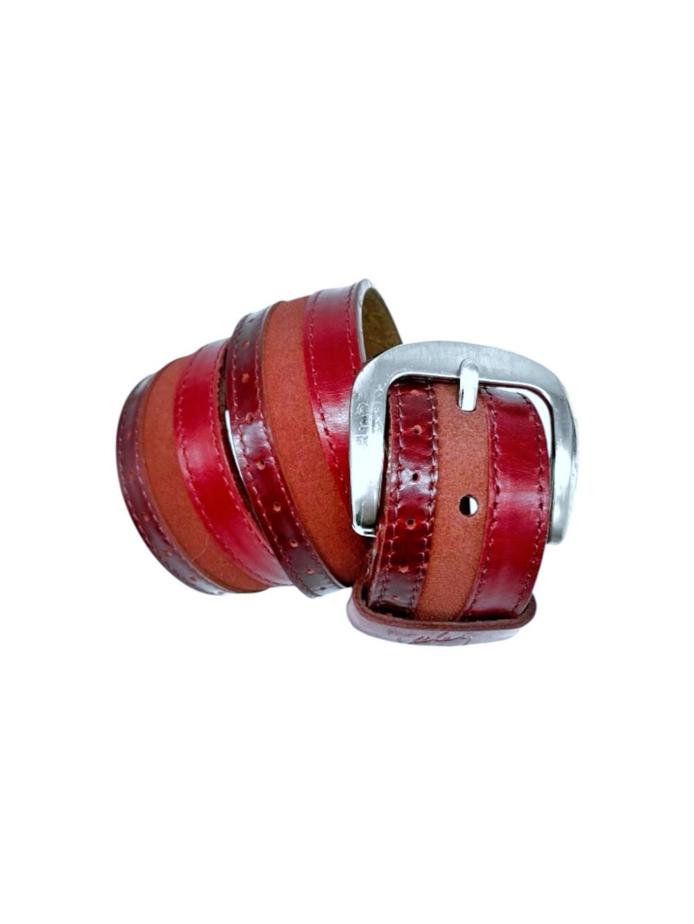 Velez Red Striped Tooled Leather Belt Detachable Buckle Artisan Made Western